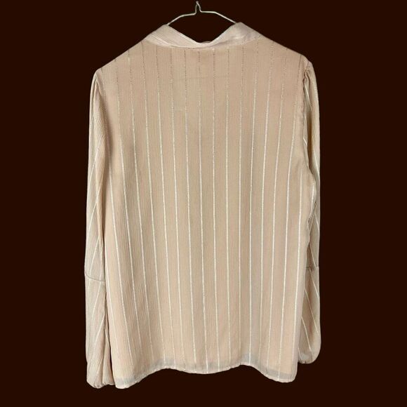 DKNY Women’s Tie Neck Long Sleeve Blouse in Taupe with Gold Contrast Stitching | - Picture 2 of 7